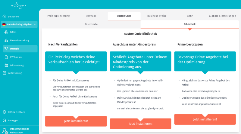 eSagu - RePricing für Amazon - CustomCode Oberfläche zur individuellen Regeldefinition, dynamischen Preislogik und Amazon-RePricing-Automationen
