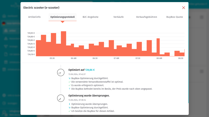 eSagu - RePricing für Amazon - EasyBox Oberfläche mit dynamischer BuyBox-Preisoptimierung und automatisch aktualisierten Amazon-Preisdaten