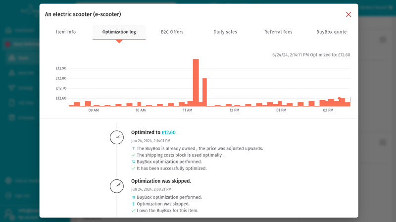 eSagu - RePricing for Amazon - EasyBox interface with dynamic BuyBox price optimization and automatically updated Amazon price data