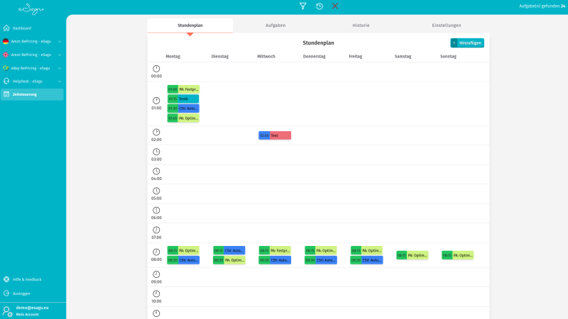 eSagu - RePricing für Amazon - Zeitsteuerungs-Interface mit tageszeitabhängigen Preisregeln und automatisierten Amazon-RePricing-Abläufen