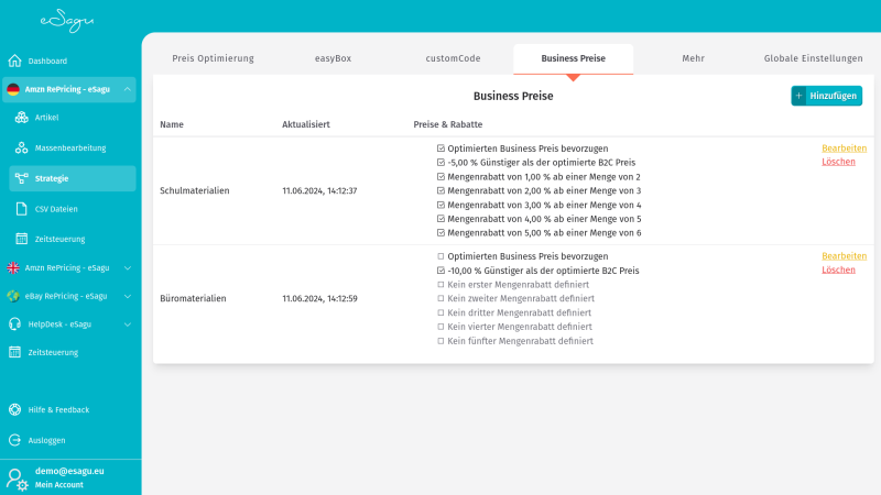 eSagu - RePricing für Amazon - B2B-Preisoptimierung / Business-Preisoptimierung mit Mengenrabattregeln, Preisansicht und Amazon-Business-RePricing-Daten