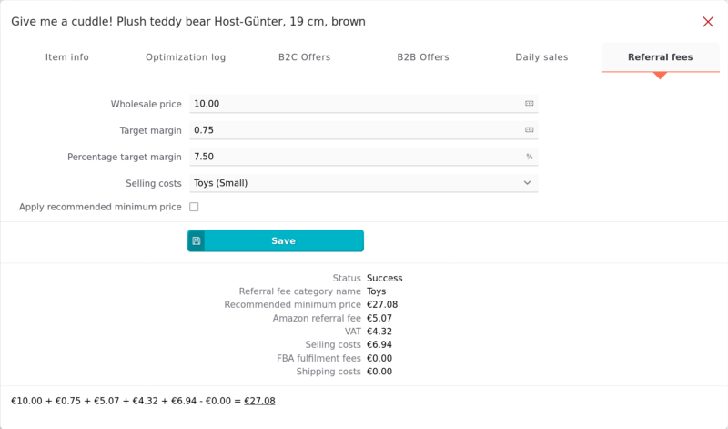eSagu - RePricing for Amazon -  Margin calculation with cost overview, minimum price determination, and Amazon product calculation