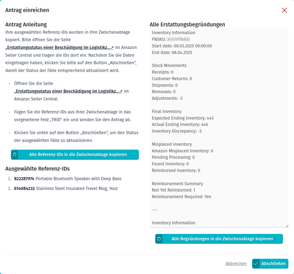 eSagu - Amazon Bewertungsaufforderungen - Übersicht der versendeten Bewertungsanfragen
