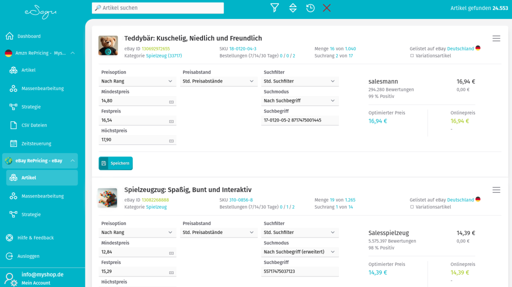 eSagu - RePricing für eBay - Artikelübersicht mit Produktliste, Preisoptimierungseinstellungen und Preisvergleich mit dem nächsten Konkurrenten pro Artikel