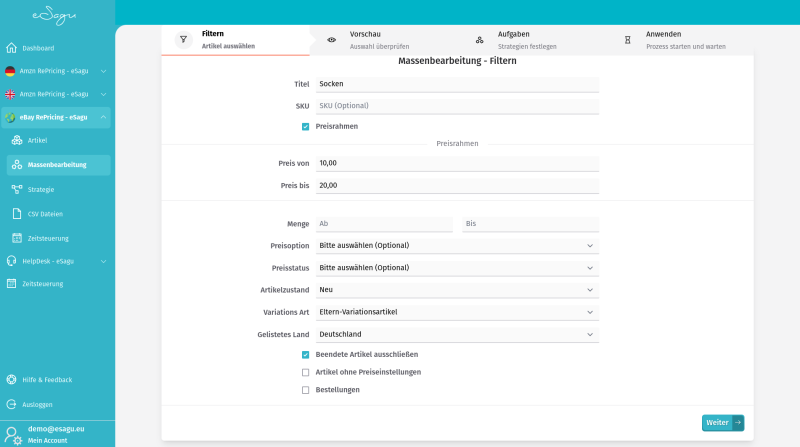 eSagu - RePricing für ebay - Massenbearbeitung mit batch-fähigen Preisregeln, Produktlisten und automatisierter eBay-Preisoptimierung