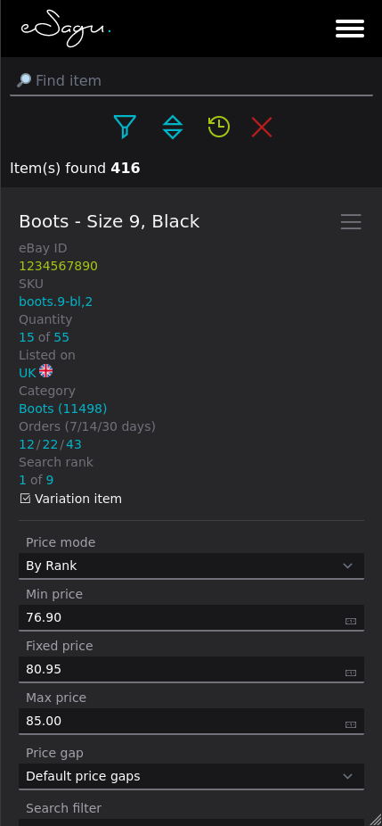 eSagu - RePricing für eBay - Mobile Artikelübersicht mit Produktliste, Preisoptimierungseinstellungen und Artikelinformationen
