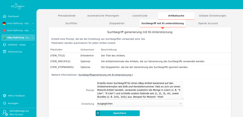 eSagu - RePricing für ebay - Suchbegriffsgenerierung mit ChatGPT zur Optimierung der Preisstrategie