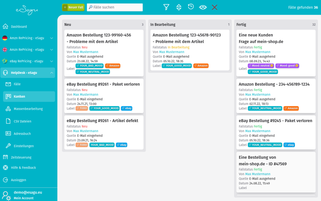 eSagu - HelpDesk - Kanban Board mit Fällen, Verwaltung und Kategorisierung
