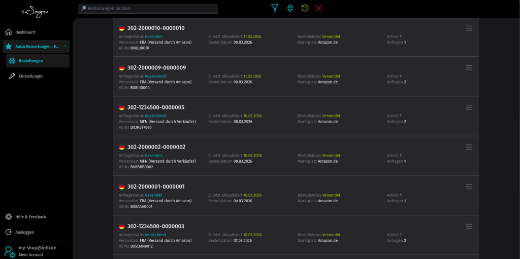eSagu - Bewertungsanfragen für Amazon - Automatisierte Bewertungsanfragen für Amazon-Händler