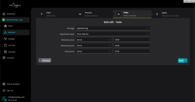 eSagu - Repricer for Otto - Bulk processing to efficiently adjust many products at once