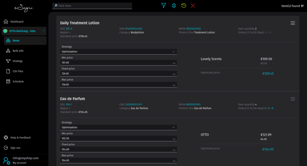 eSagu - RePricing for Otto - Overview of products, price control settings, and competitor comparison per item