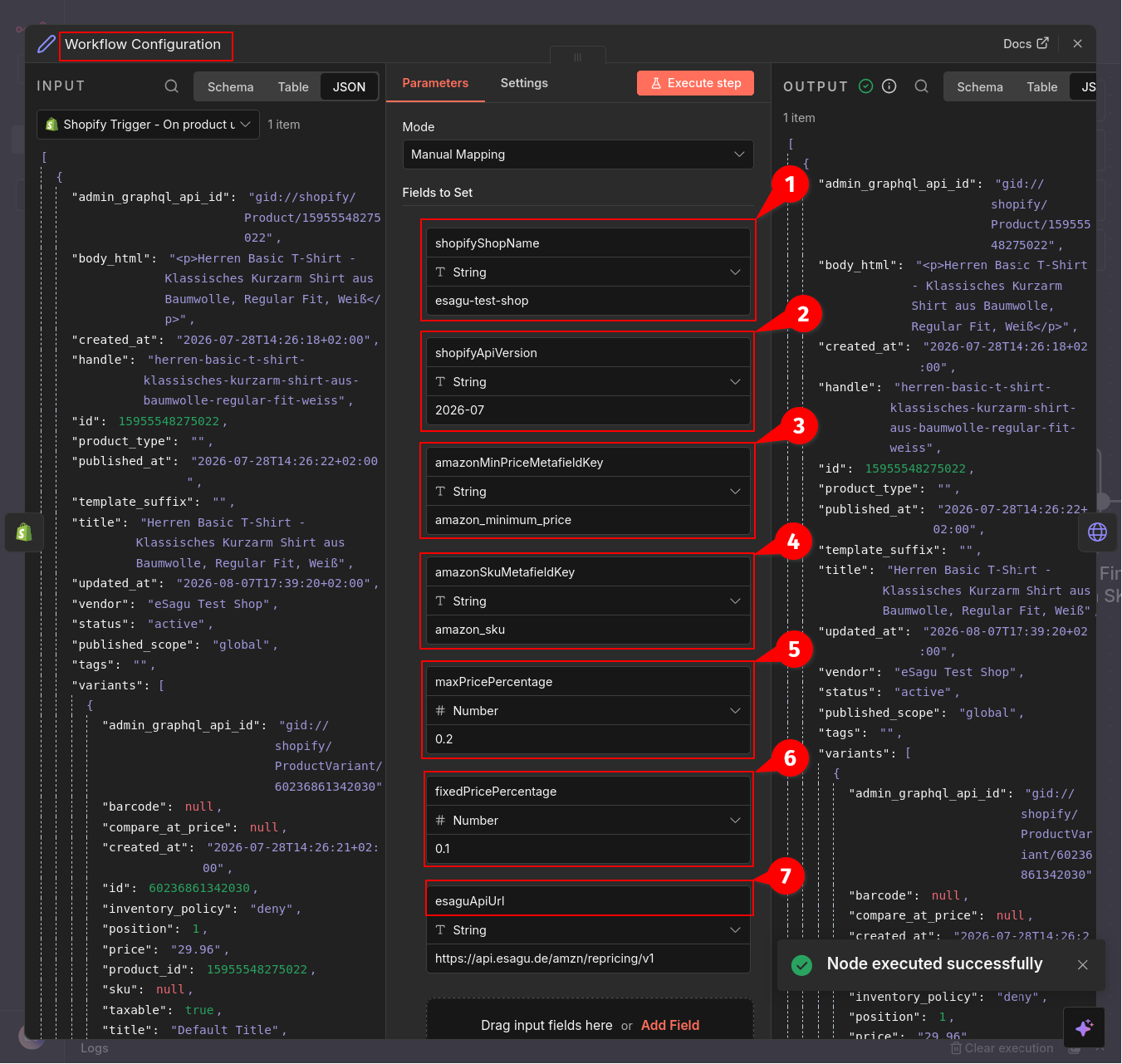 Konfiguration der Shopify- und eSagu-Parameter im n8n-Workflow