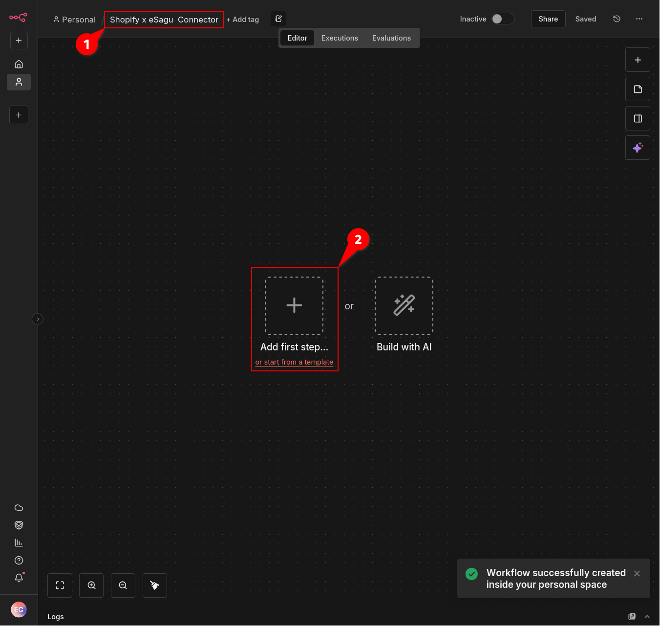 Neuer n8n-Workflow mit dem Namen „Shopify x eSagu Connector“