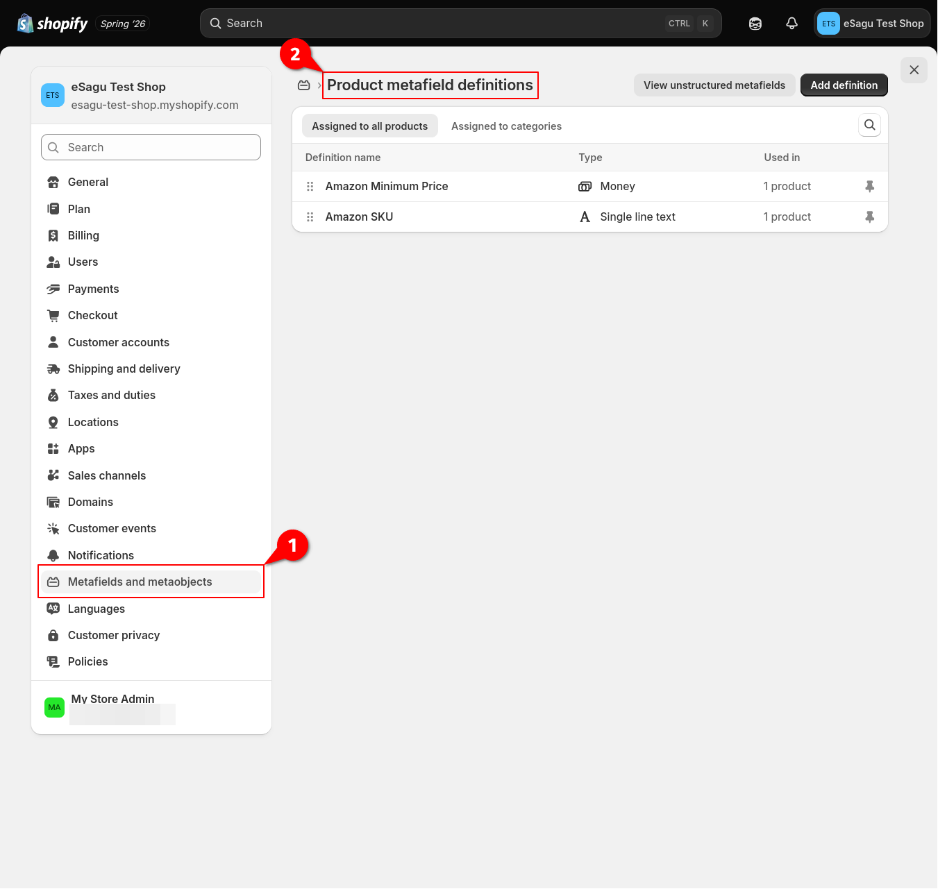 Shopify-Einstellungen mit den Metafelddefinitionen für Produkte