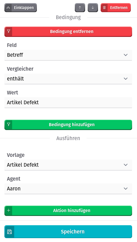 Einrichten eines Workflows zur automatischen Beantwortung von Nachrichten mit dem Betreff 'Artikel Defekt'