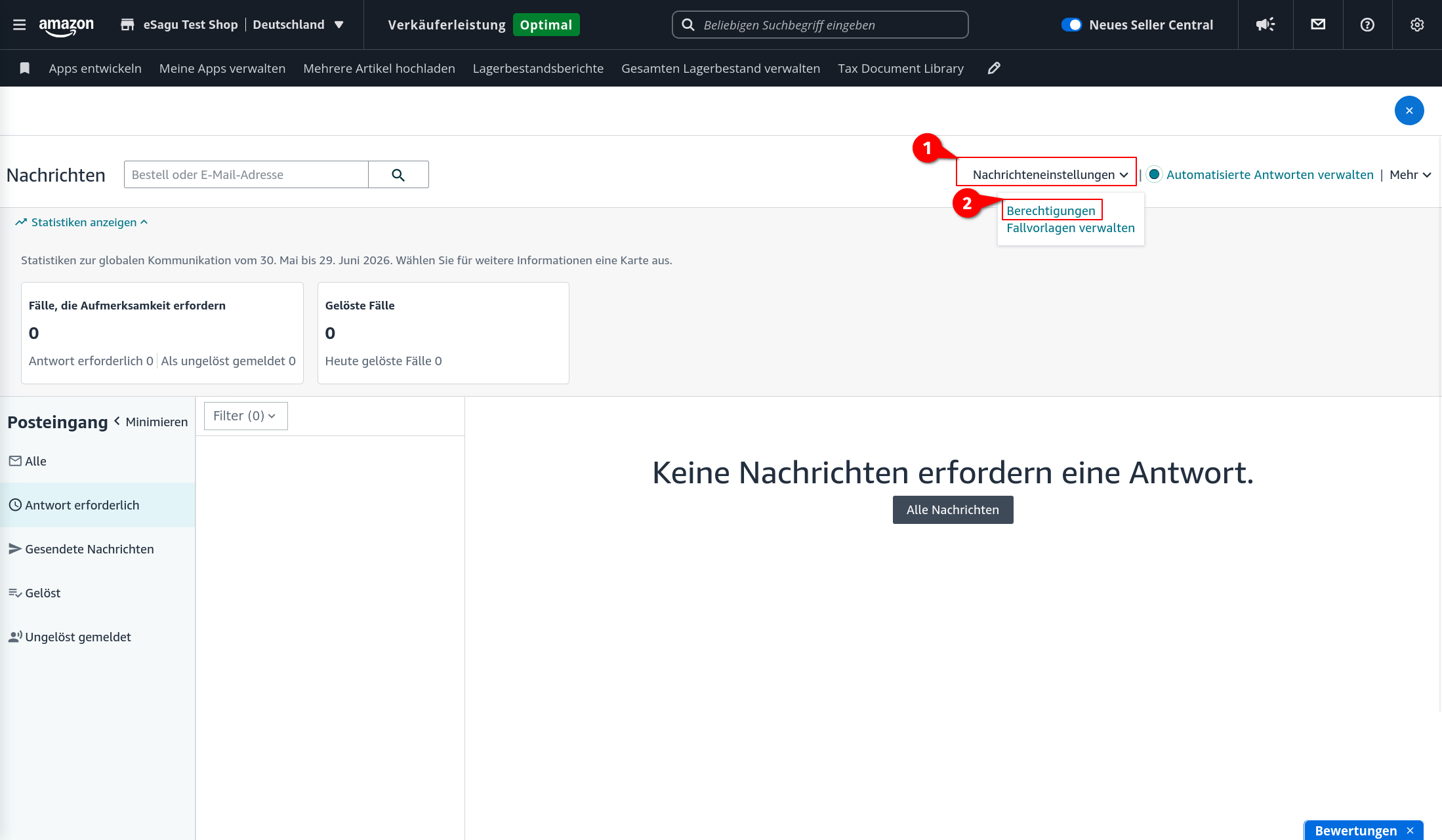 Amazon Seller Central mit markiertem Briefumschlag-Symbol zum Öffnen des Nachrichtenbereichs.