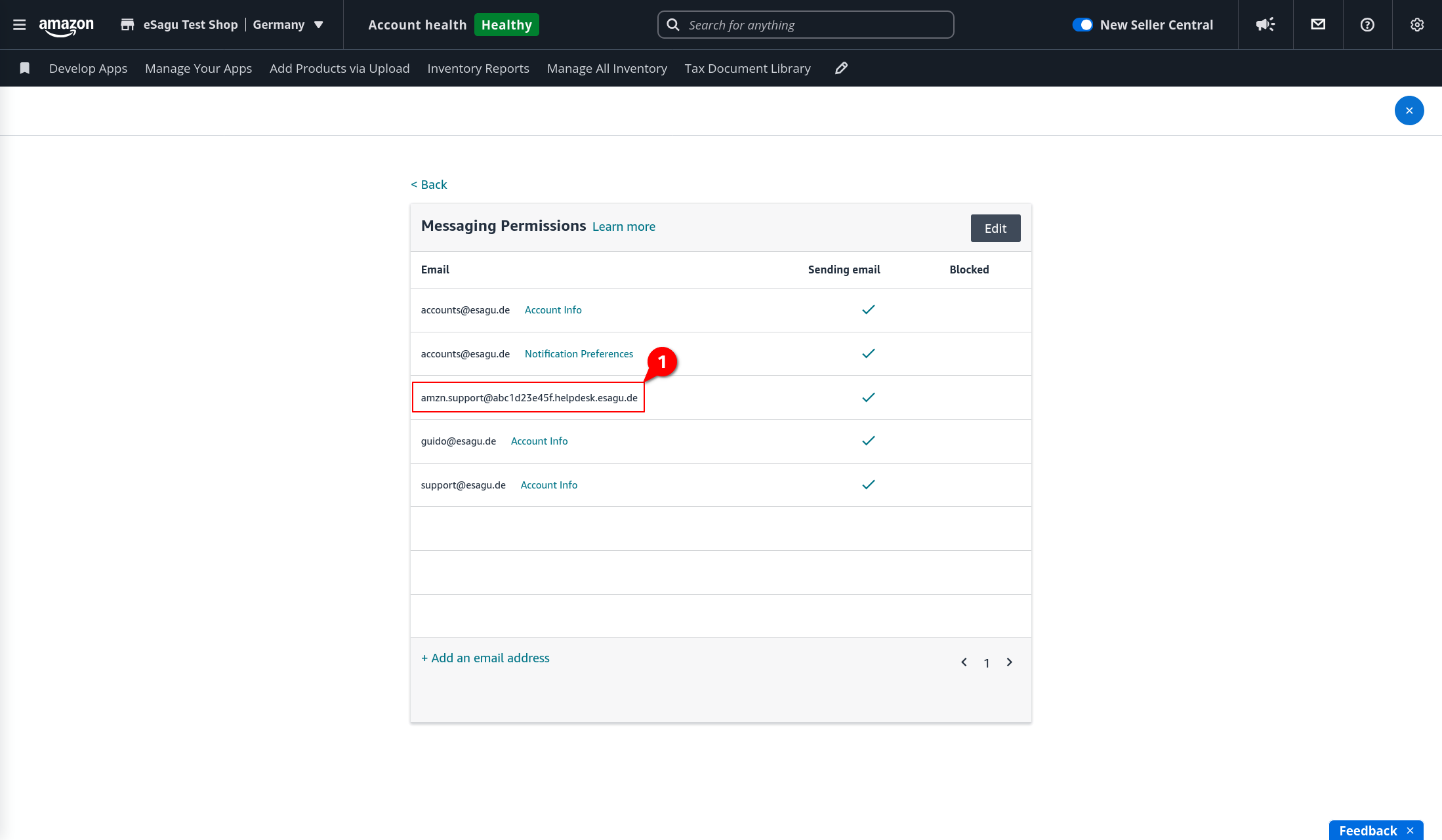 Amazon Seller Central Messaging Permissions showing the helpdesk address successfully added and authorized for sending emails.