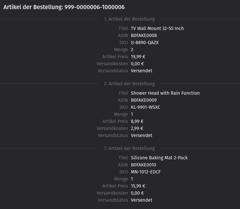 Artikel der Bestellung