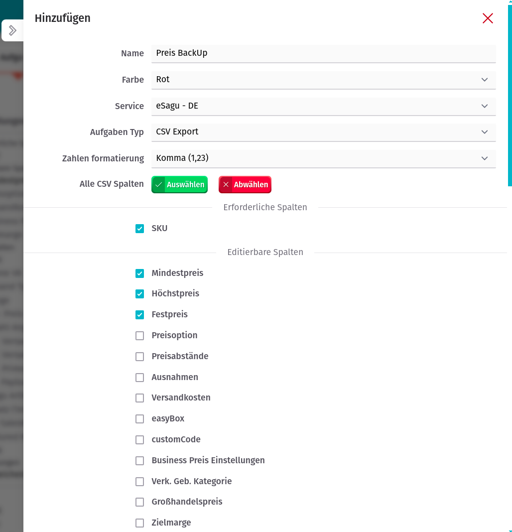 Beispiel für einen Zeigesteuern CSV Export der RePricing für Amazon Einstellungen