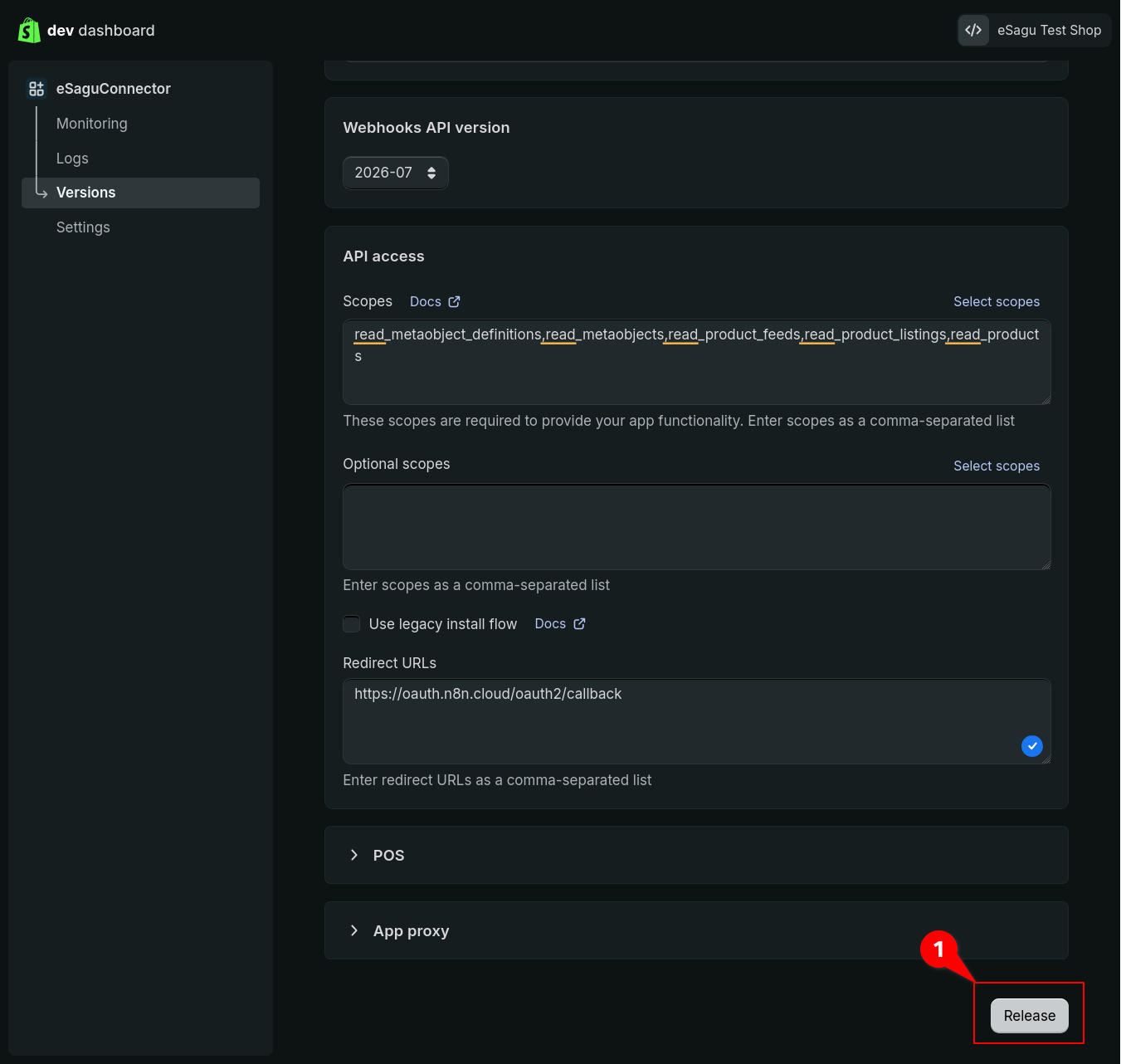 Enter the redirect URL and release the Shopify app