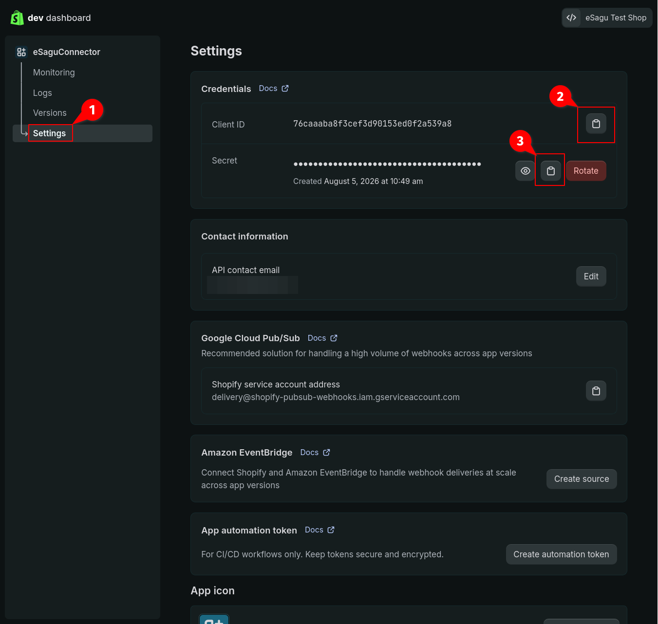 Copy the Shopify Client ID and Secret