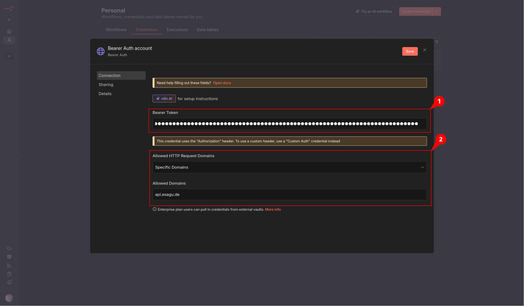 Enter the eSagu API token and allowed domain in n8n