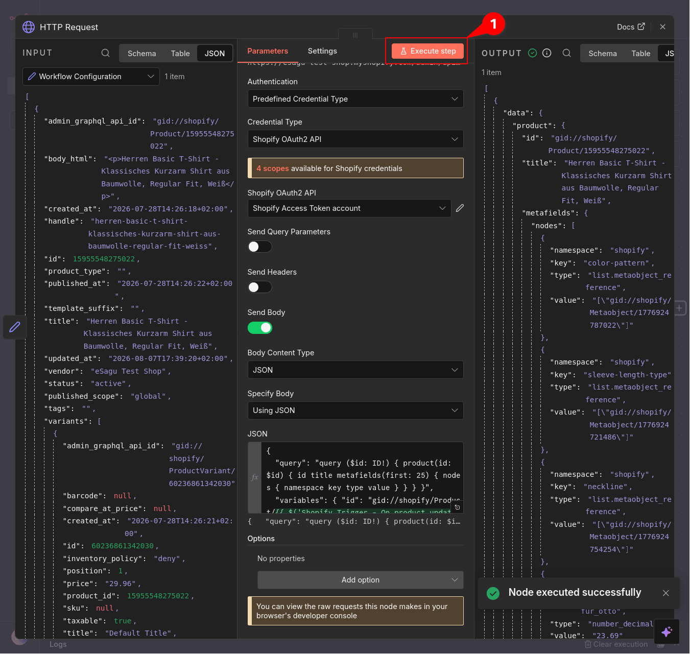 Erfolgreiche GraphQL-Abfrage der Shopify-Metafelder