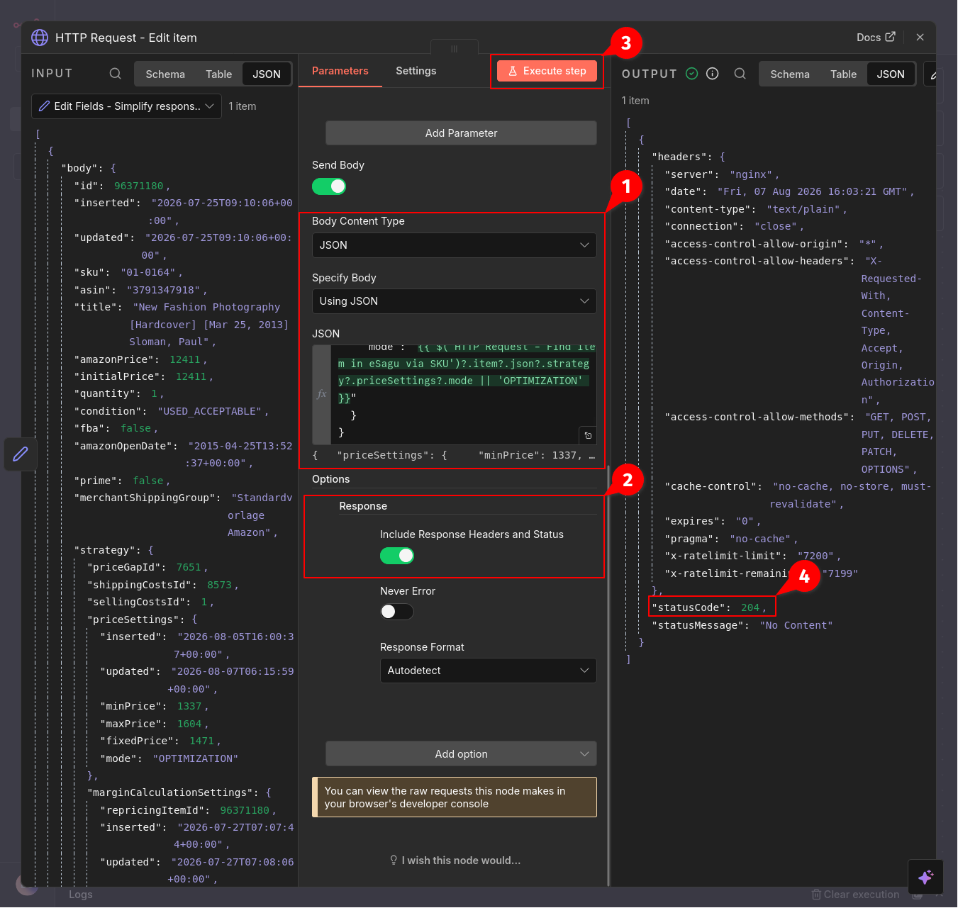 JSON-Body und erfolgreiche Statusantwort der eSagu-API