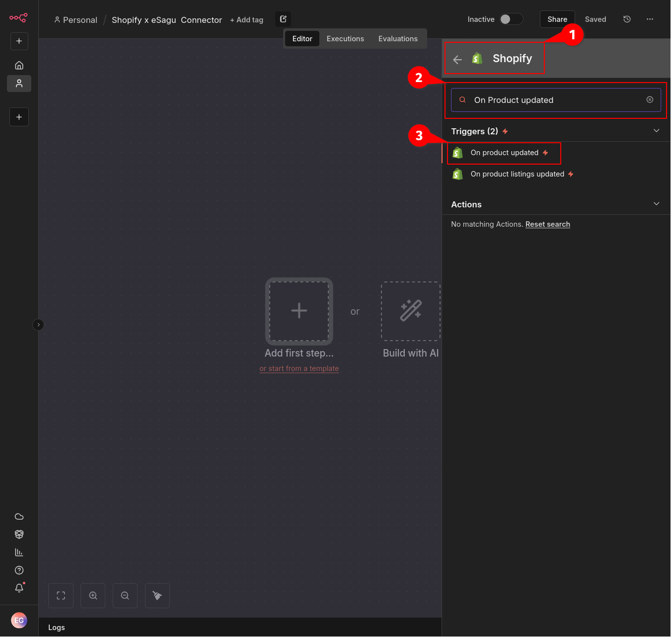 Auswahl des Shopify-Triggers „On product updated“ in n8n