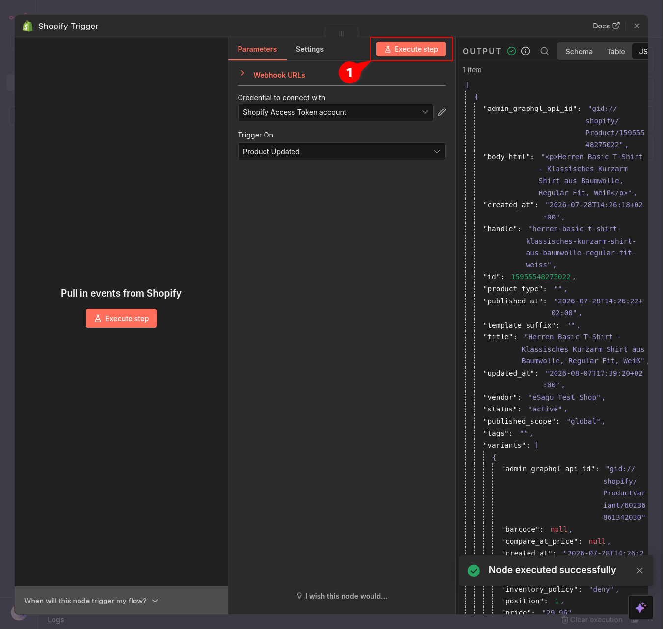 Erfolgreiche Testausführung des Shopify-Triggers mit Produktdaten
