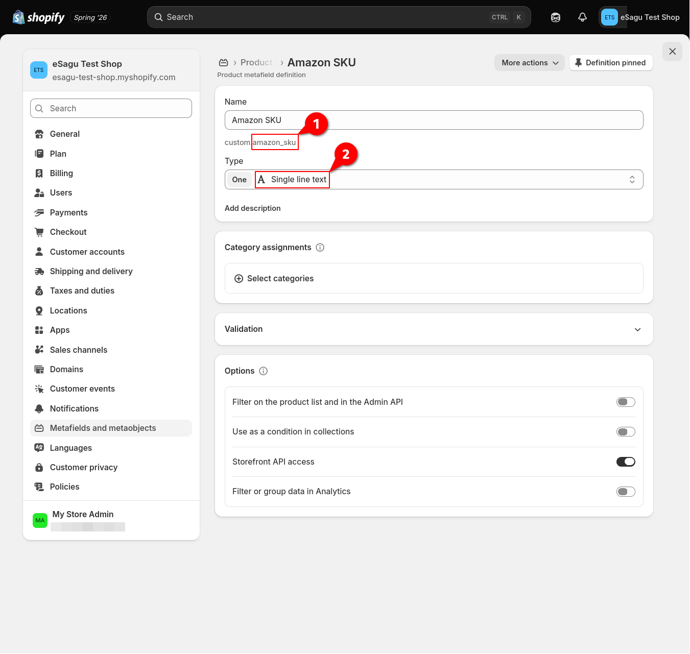 Shopify-Metafeld „Amazon SKU“ mit dem Typ „Single line text“
